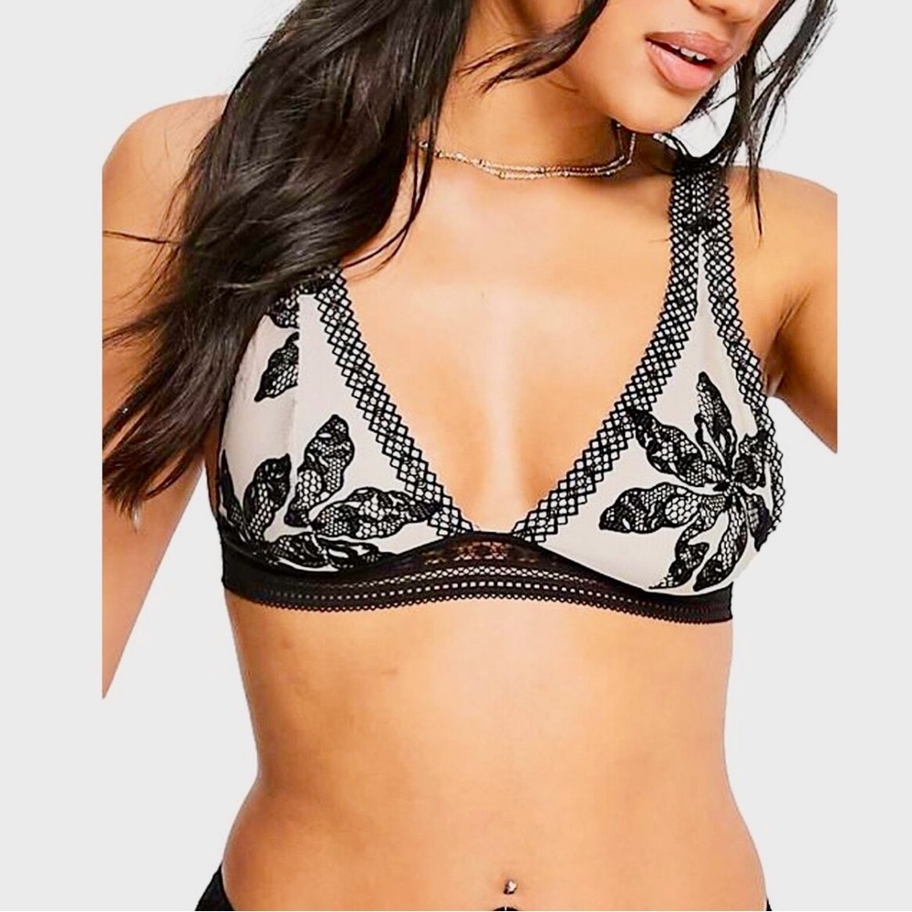 Free People Alia Bralette, Black Lace & Nude, Sz Large, NWT